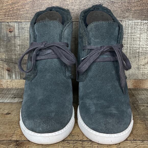 See By Chloe Lea Wedge Booties Gray Suede Sherpa Ankle Boots Booties Size 38 8 - Picture 3 of 11